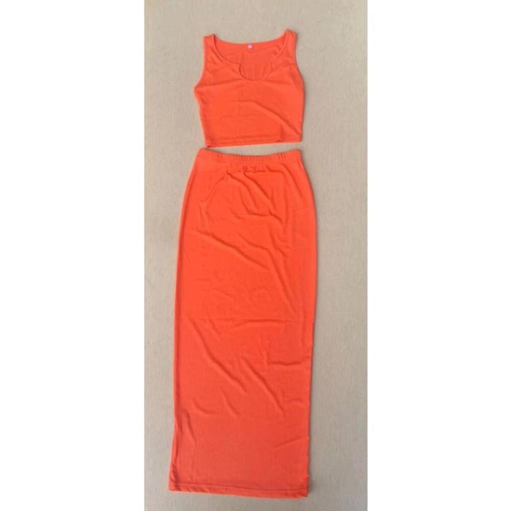 Women’s Orange Two-Piece Crop Tank & Maxi Skirt Set